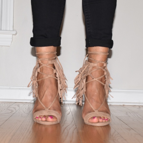 Breckelles Suede Peep Toe Fringe Tie Stiletto Sandal Size 9 - Picture 3 of 5